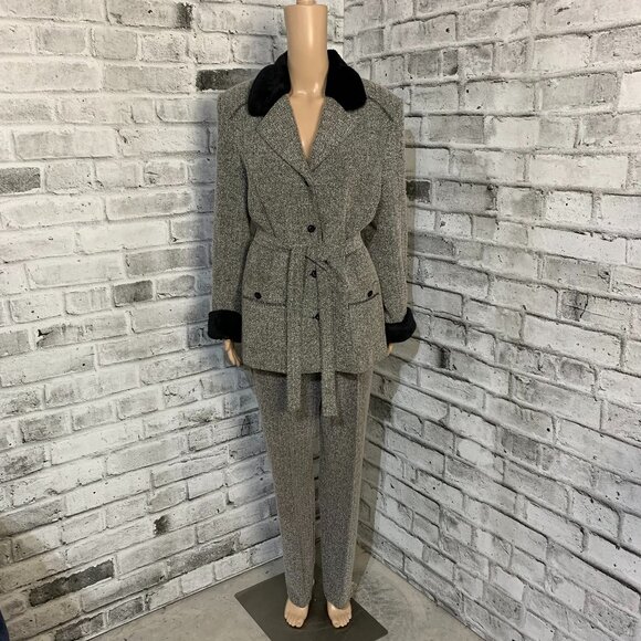 Vintage Pant Suit Tweed Herringbone Faux Fur Collar Blazer High Rise 2 Piece Set - Picture 1 of 16